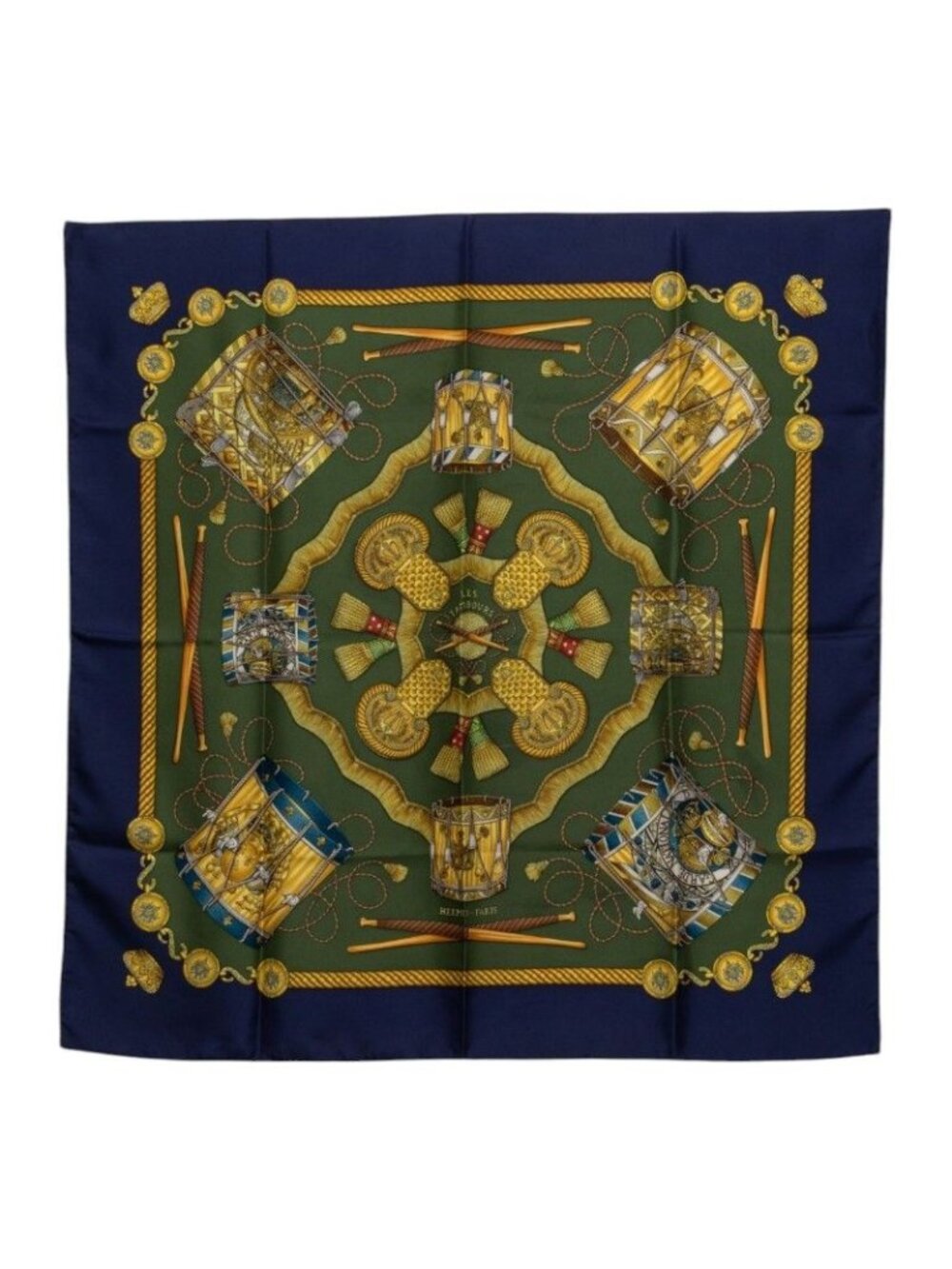 Hermes Carre 90 les Tambour Drum Scarf Large Navy Multicolor Silk